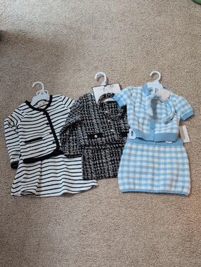 Toddler Striped Black & White Knit Dress, Tweed Jacket, Blue Gingham Knit Set